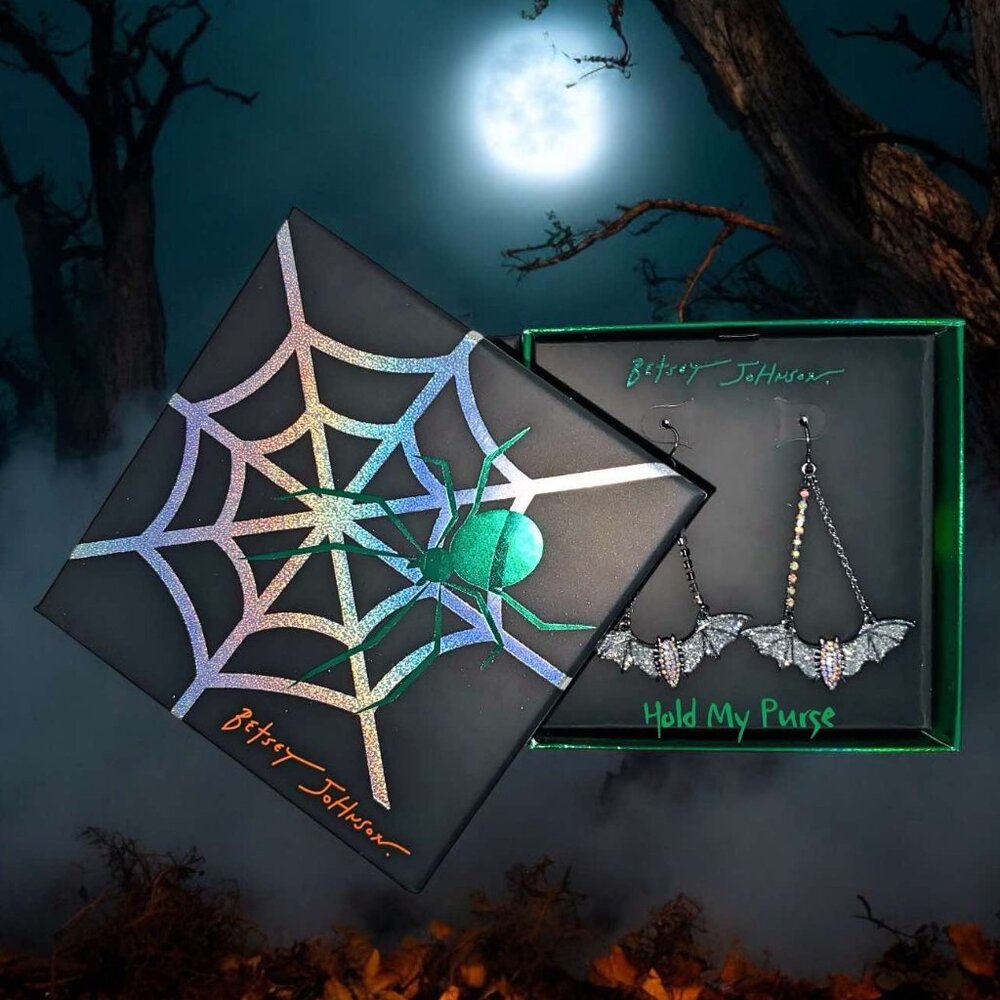 Betsey Johnson Halloween Iridescent Rhinestone Bat Goth Costume Earrings - Picture 2 of 6